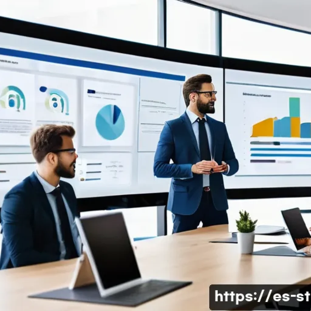 전략경영 온라인 커뮤니티 소개 - A modern digital workspace scene showing diverse business professionals engaged in a virtual strateg...