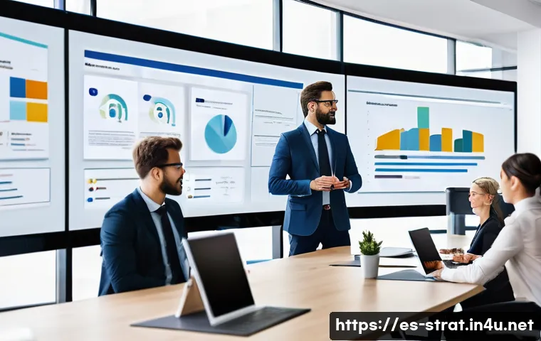 전략경영 온라인 커뮤니티 소개 - A modern digital workspace scene showing diverse business professionals engaged in a virtual strateg...