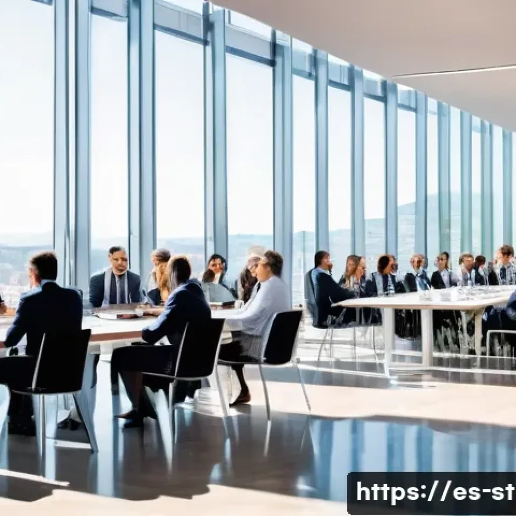 전략경영 관련 학회 및 세미나 - A modern corporate conference scene in a large, bright convention center in Spain, featuring diverse...