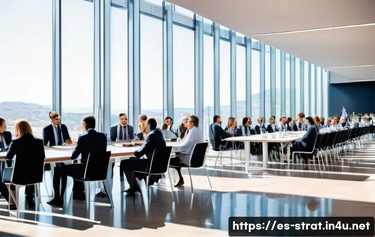 전략경영 관련 학회 및 세미나 - A modern corporate conference scene in a large, bright convention center in Spain, featuring diverse...