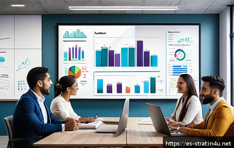 전략경영 강의 및 학습 자료 - A modern office environment showcasing a diverse team of Hispanic professionals collaboratively brai...