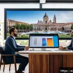 전략경영 직무 필수 도서 - A modern corporate office scene set in a vibrant Spanish city, showing a diverse team of professiona...