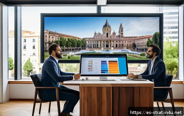 전략경영 직무 필수 도서 - A modern corporate office scene set in a vibrant Spanish city, showing a diverse team of professiona...
