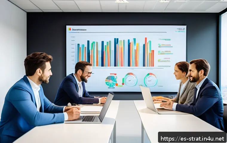 전략경영에서 실패하지 않는 방법 - A modern corporate office setting in Spain with a diverse team of professionals engaged in a dynamic...