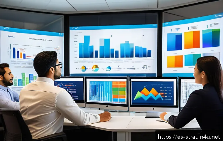 전략경영의 핵심 실무 스킬 - A modern office scene featuring a diverse team of Hispanic professionals collaboratively analyzing c...
