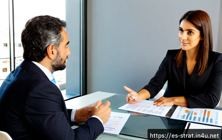 전략경영 직무 면접 질문 - Photorealistic strategic management job interview in a modern Madrid office, confident Spanish-speak...